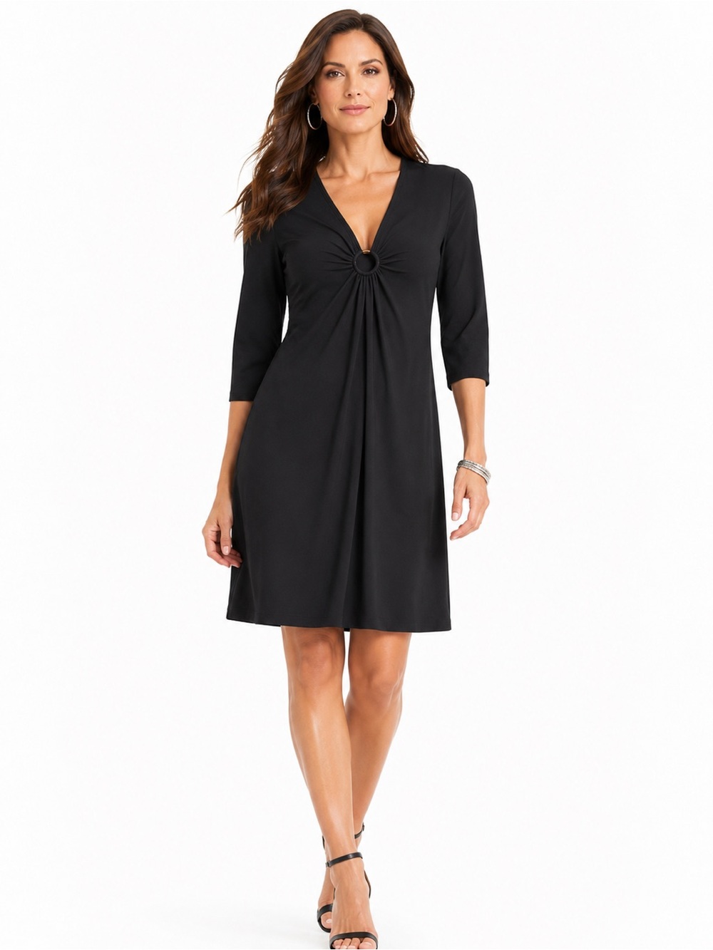 WHBM Black Ring Detail Shift Dress Size M 3/4 Sleeve Little Black Dress NWT